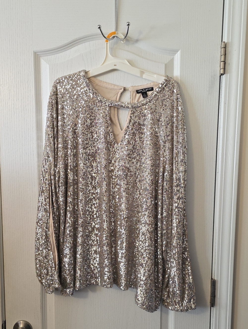 Cable & Gauge Silver Sequin Long-Sleeve Keyhole Party Top